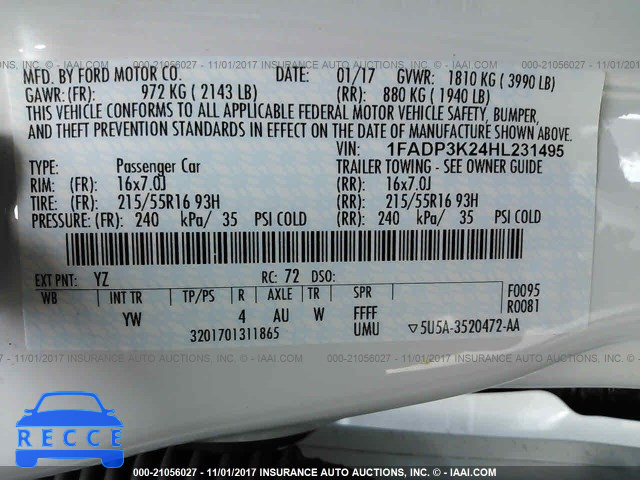 2017 FORD FOCUS 1FADP3K24HL231495 image 8