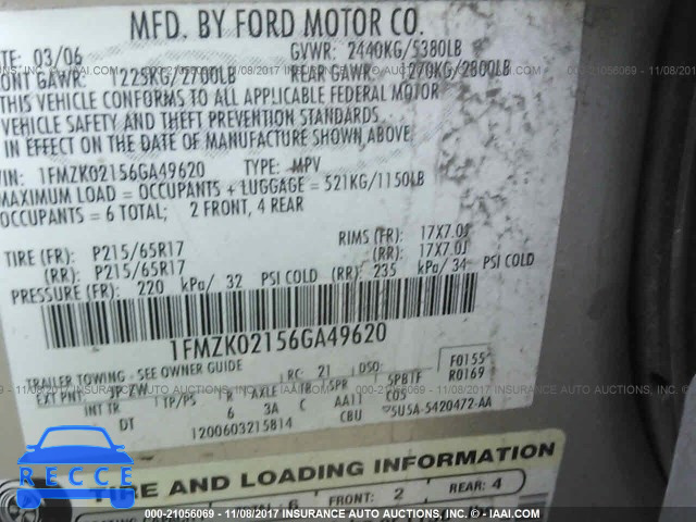 2006 FORD FREESTYLE SEL 1FMZK02156GA49620 image 8