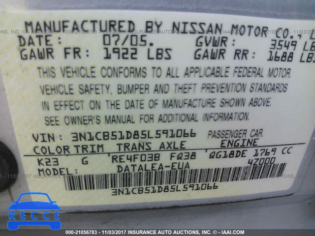2005 Nissan Sentra 3N1CB51D85L591066 image 8