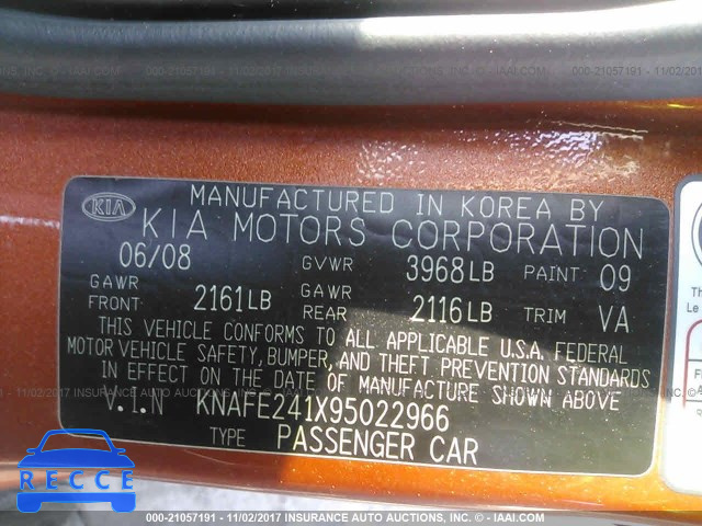 2009 KIA Spectra SX KNAFE241X95022966 image 8