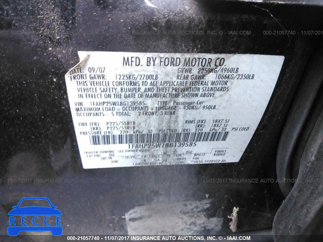 2008 FORD TAURUS LIMITED 1FAHP25W18G139585 image 8