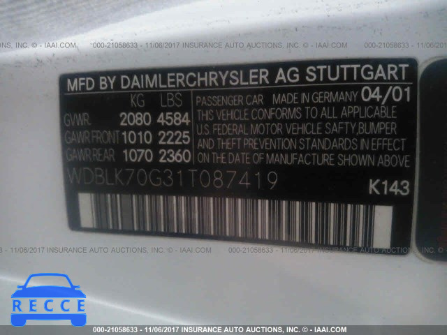 2001 Mercedes-benz CLK 430 WDBLK70G31T087419 image 8