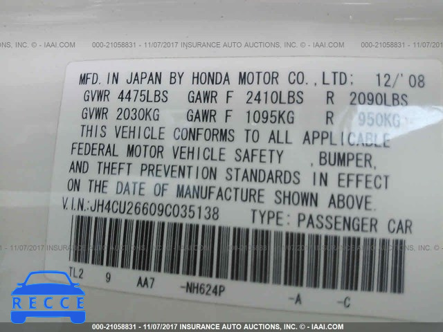 2009 Acura TSX JH4CU26609C035138 зображення 8