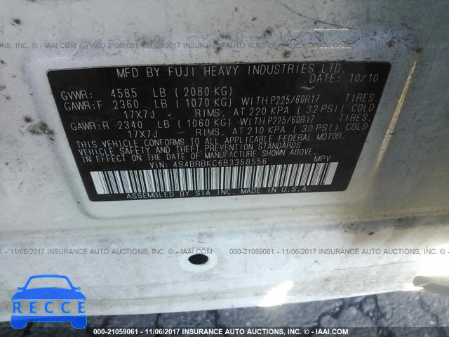2011 Subaru Outback 2.5I LIMITED 4S4BRBKC6B3358556 зображення 8
