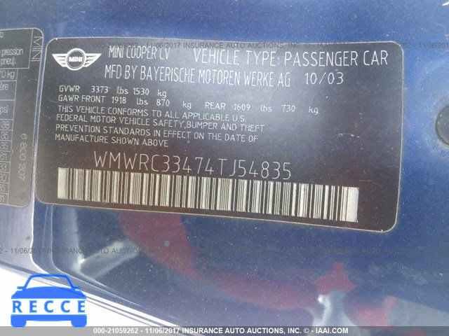 2004 Mini Cooper WMWRC33474TJ54835 image 8