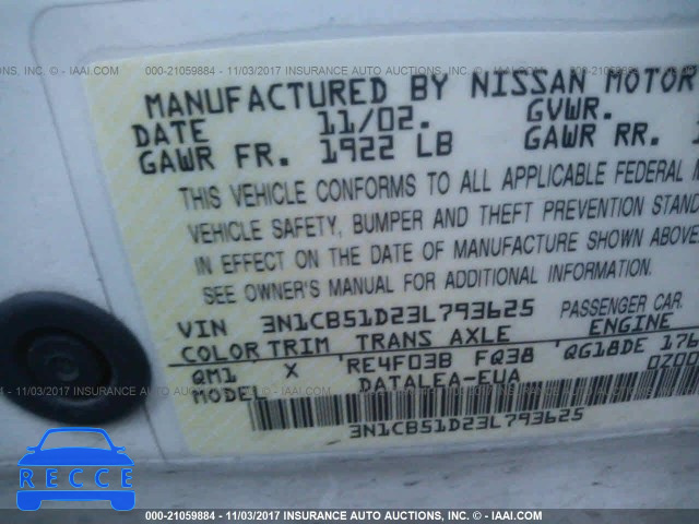 2003 Nissan Sentra XE/GXE 3N1CB51D23L793625 image 8