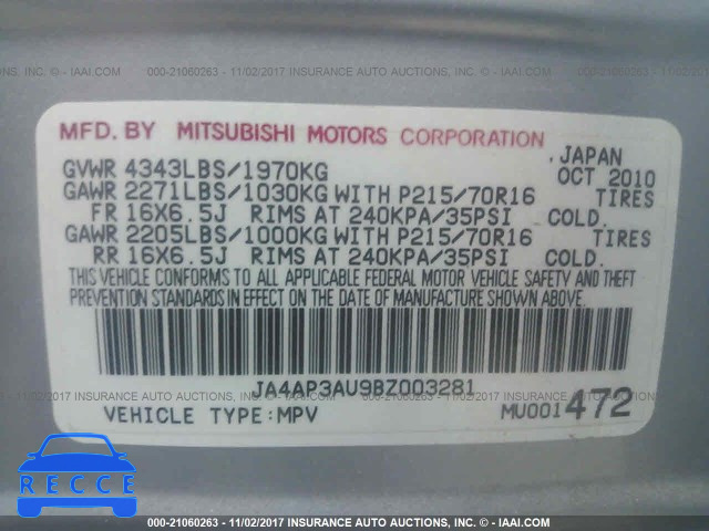2011 Mitsubishi Outlander Sport ES JA4AP3AU9BZ003281 image 8