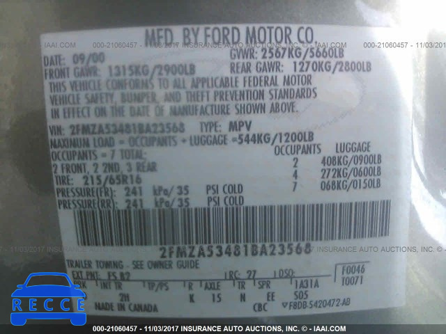 2001 Ford Windstar SEL 2FMZA53481BA23568 image 8