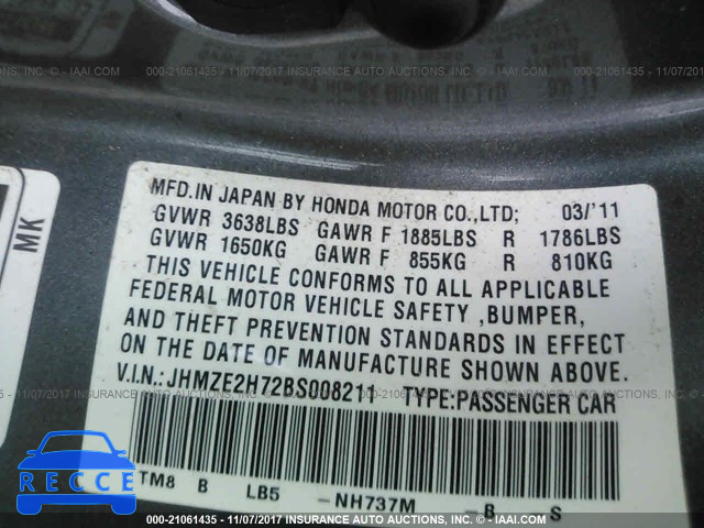 2011 Honda Insight EX JHMZE2H72BS008211 image 8