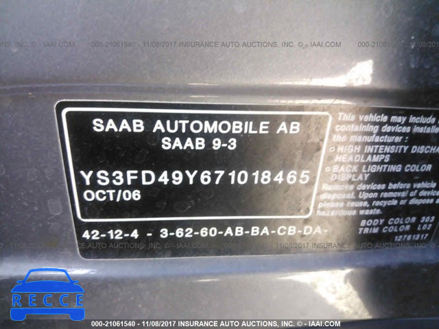 2007 Saab 9-3 2.0T YS3FD49Y671018465 Bild 8