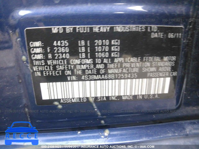 2011 Subaru Legacy 2.5I 4S3BMAA68B1259435 image 8