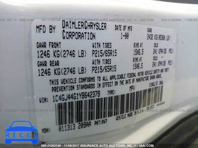 2000 Chrysler Grand Voyager SE 1C4GJ44G1YB642379 зображення 8