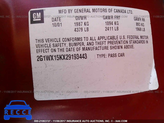 2002 Chevrolet Monte Carlo SS 2G1WX15KX29193443 Bild 8