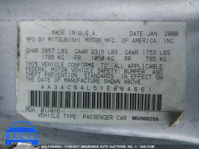 2000 Mitsubishi Eclipse GT 4A3AC54L5YE094661 Bild 8