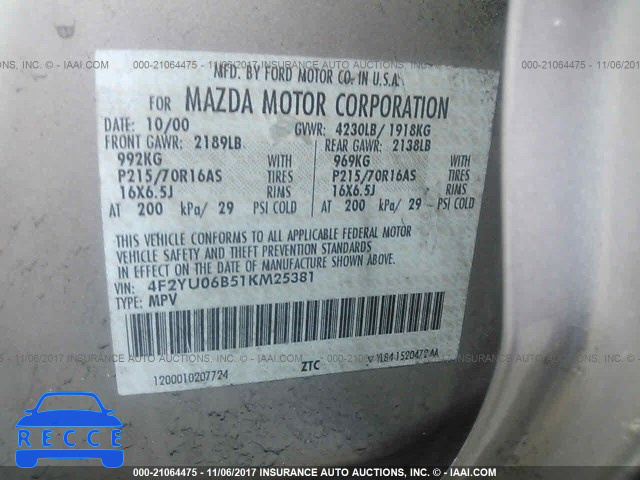 2001 Mazda Tribute DX 4F2YU06B51KM25381 image 8