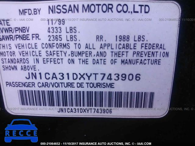 2000 NISSAN MAXIMA GLE/GXE/SE JN1CA31DXYT743906 зображення 8