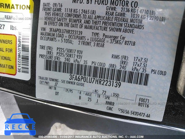 2017 FORD FUSION 3FA6P0LU7HR223139 image 8