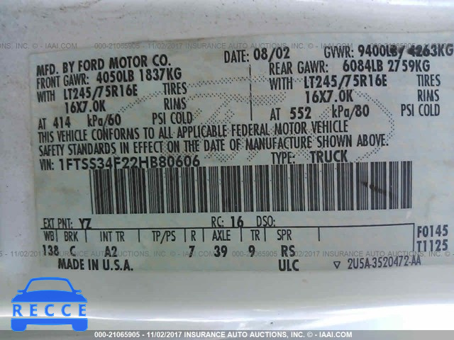 2002 Ford Econoline E350 SUPER DUTY VAN 1FTSS34F22HB80606 image 8