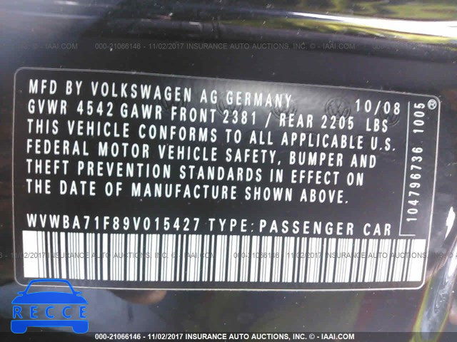 2009 VOLKSWAGEN EOS TURBO/KOMFORT WVWBA71F89V015427 image 8