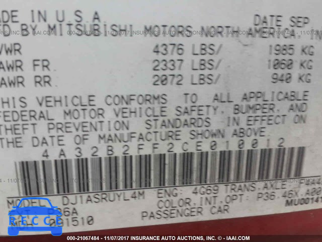 2012 Mitsubishi Galant FE 4A32B2FF2CE010012 image 8