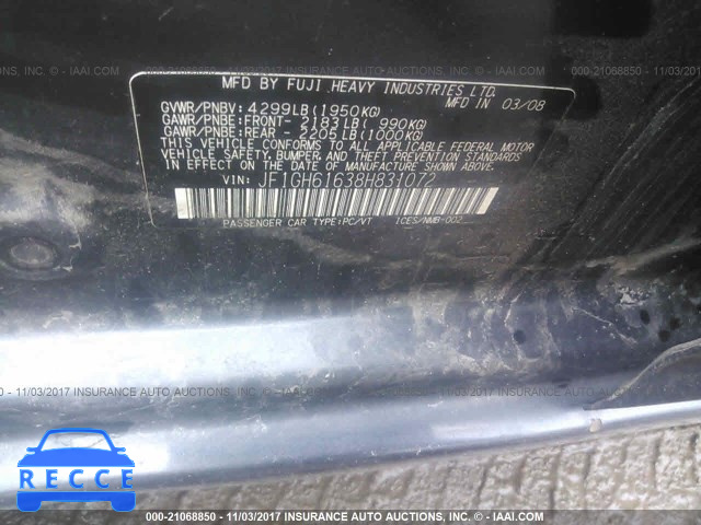 2008 Subaru Impreza 2.5I JF1GH61638H831072 зображення 8