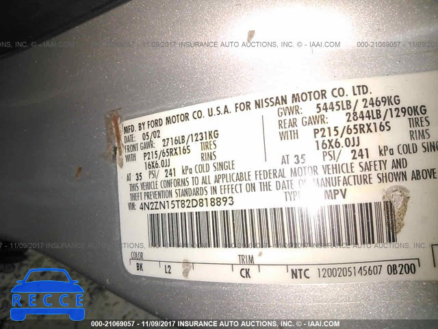 2002 Nissan Quest GXE 4N2ZN15T82D818893 зображення 8