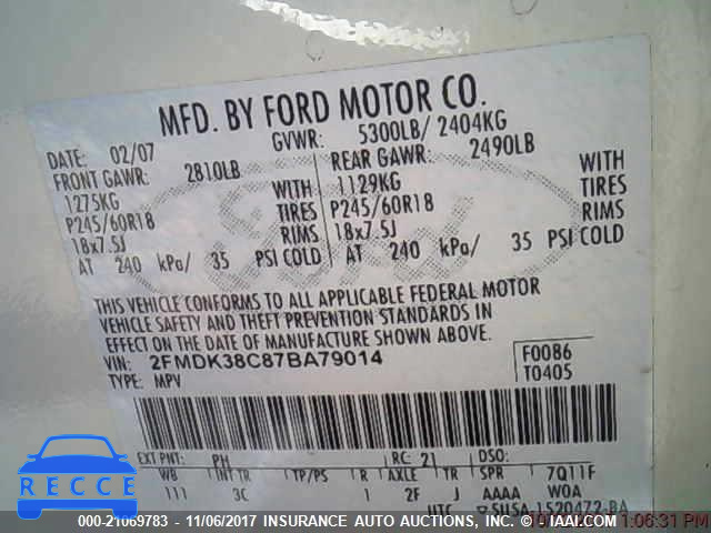 2007 Ford Edge 2FMDK38C87BA79014 зображення 8