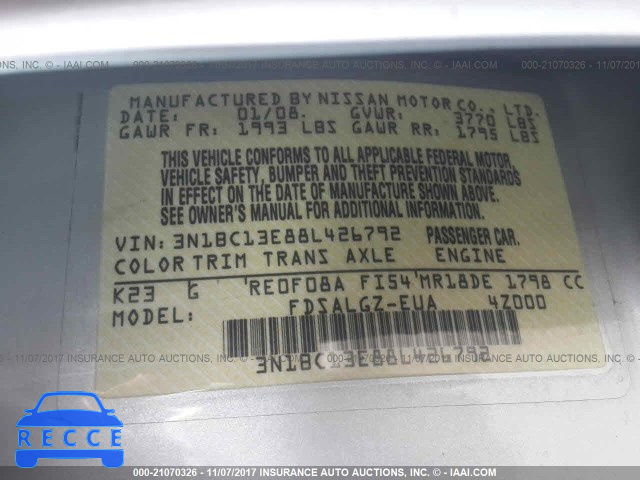 2008 Nissan Versa S/SL 3N1BC13E88L426792 image 8
