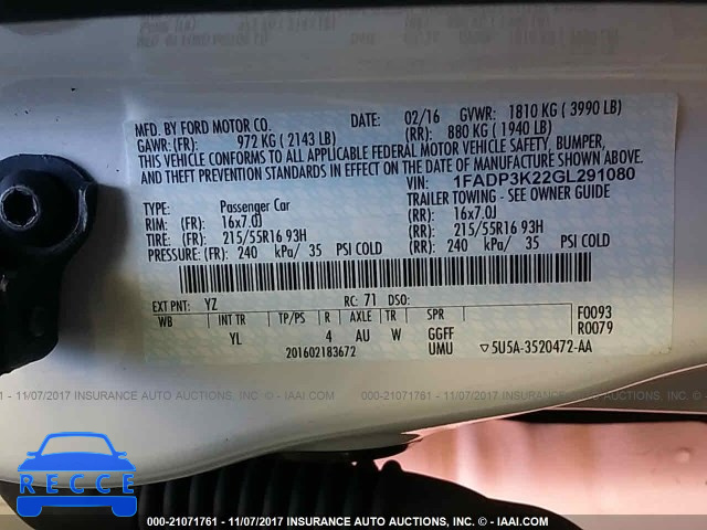 2016 Ford Focus 1FADP3K22GL291080 image 8