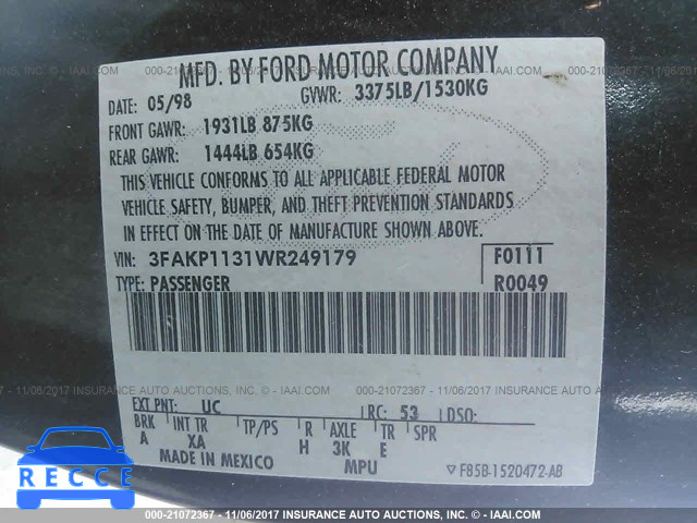 1998 Ford Escort ZX2/SPORT 3FAKP1131WR249179 Bild 8