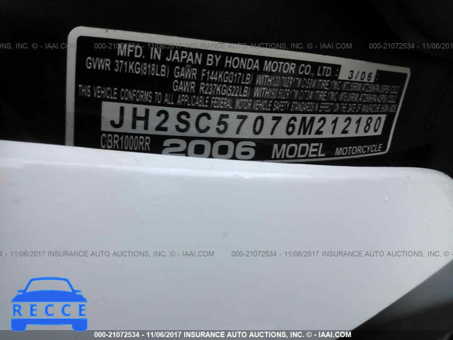2006 Honda CBR1000 RR JH2SC57076M212180 зображення 9