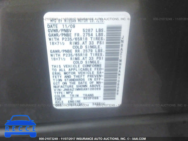2010 Nissan Murano S/SL/LE JN8AZ1MW8AW108089 image 8