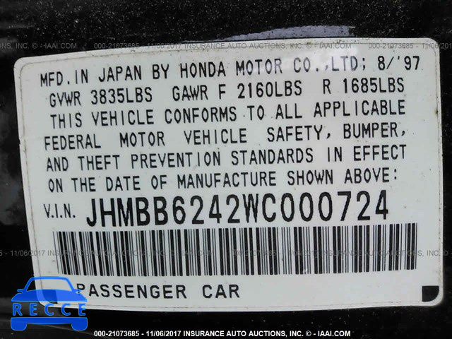 1998 Honda Prelude JHMBB6242WC000724 image 8
