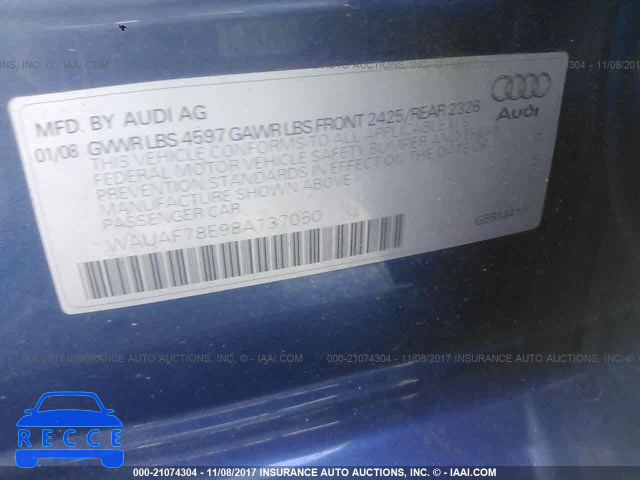 2008 Audi A4 2.0T WAUAF78E98A137050 зображення 8