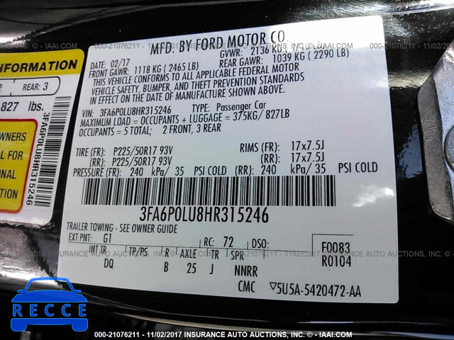 2017 FORD FUSION 3FA6P0LU8HR315246 зображення 8