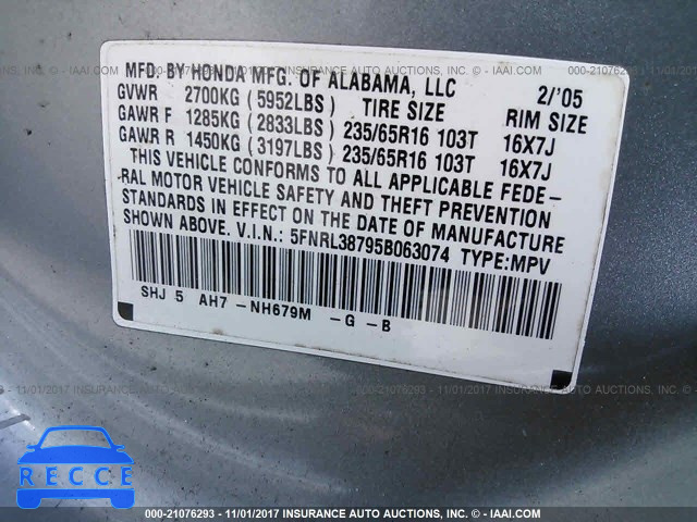 2005 Honda Odyssey 5FNRL38795B063074 Bild 8