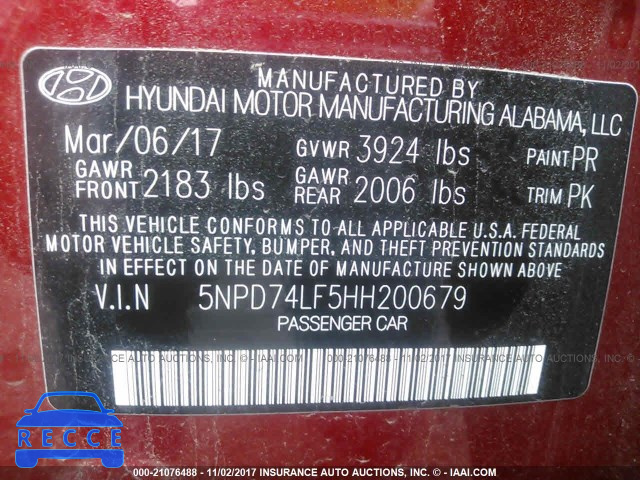 2017 HYUNDAI ELANTRA 5NPD74LF5HH200679 image 8