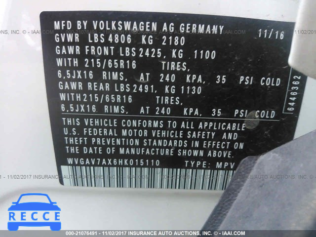 2017 VOLKSWAGEN TIGUAN WVGAV7AX6HK015110 image 8