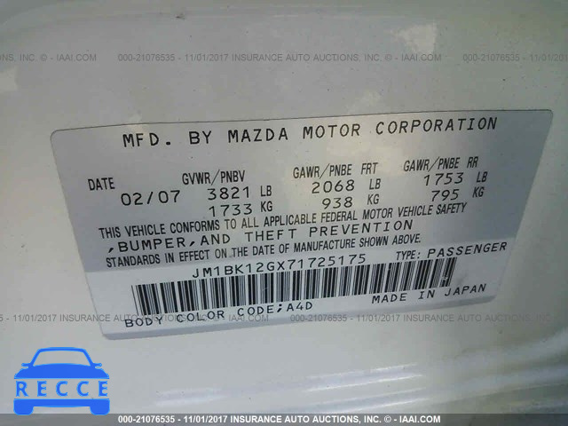 2007 MAZDA 3 JM1BK12GX71725175 image 8