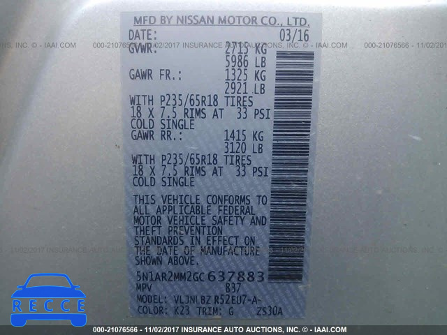 2016 Nissan Pathfinder 5N1AR2MM2GC637883 зображення 8