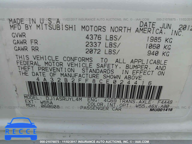 2012 Mitsubishi Galant 4A32B2FF8CE024416 image 8