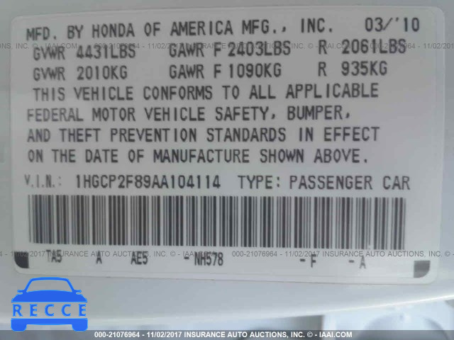 2010 Honda Accord EXL 1HGCP2F89AA104114 Bild 8