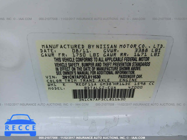 2012 Nissan Versa 3N1CN7AP3CL811630 image 8