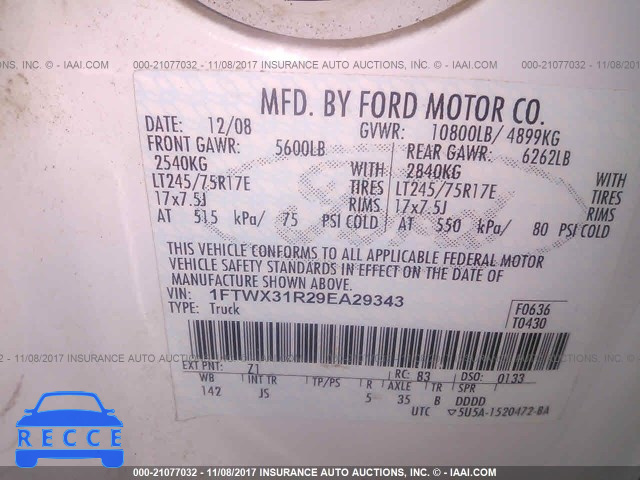 2009 Ford F350 SUPER DUTY 1FTWX31R29EA29343 зображення 8