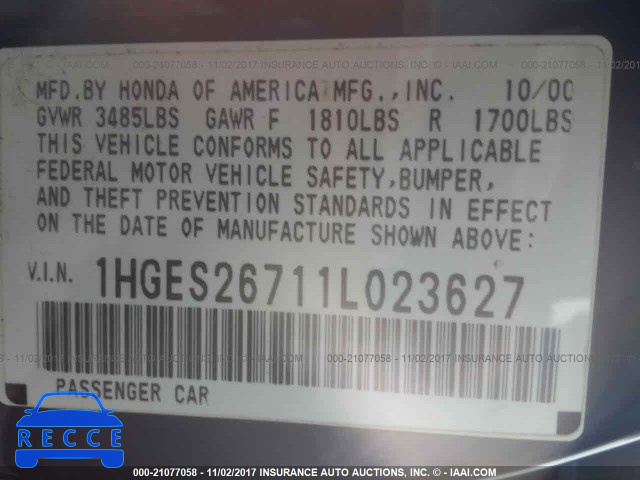 2001 HONDA CIVIC 1HGES26711L023627 image 8