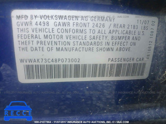 2008 VOLKSWAGEN PASSAT KOMFORT WVWAK73C48P073002 image 8