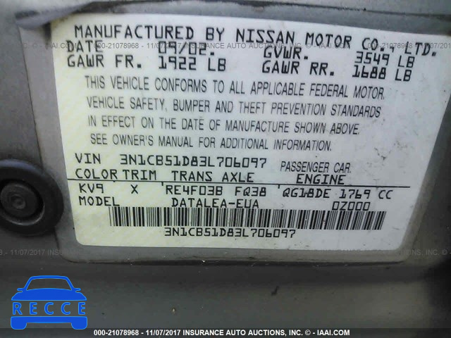 2003 NISSAN SENTRA XE/GXE 3N1CB51D83L706097 image 8
