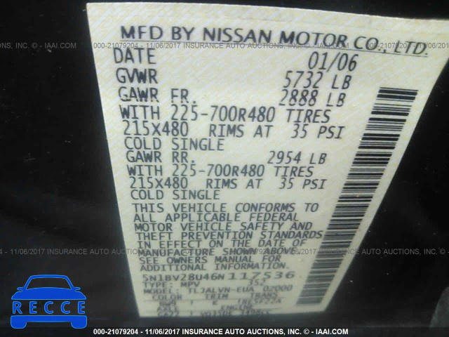 2006 Nissan Quest S/SE/SL 5N1BV28U46N117536 Bild 8