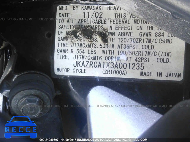 2003 Kawasaki ZR1000 A1 JKAZRCA1X3A001235 Bild 9