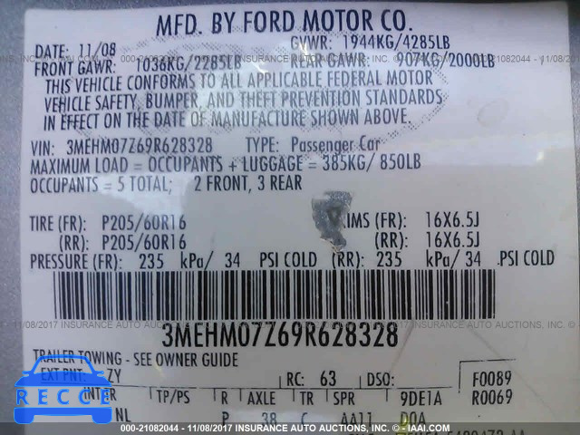 2009 Mercury Milan 3MEHM07Z69R628328 зображення 8